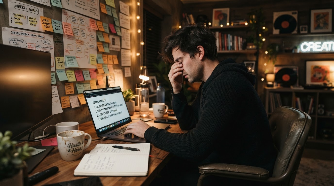 Entrepreneur working late at laptop studying pre-revenue drift