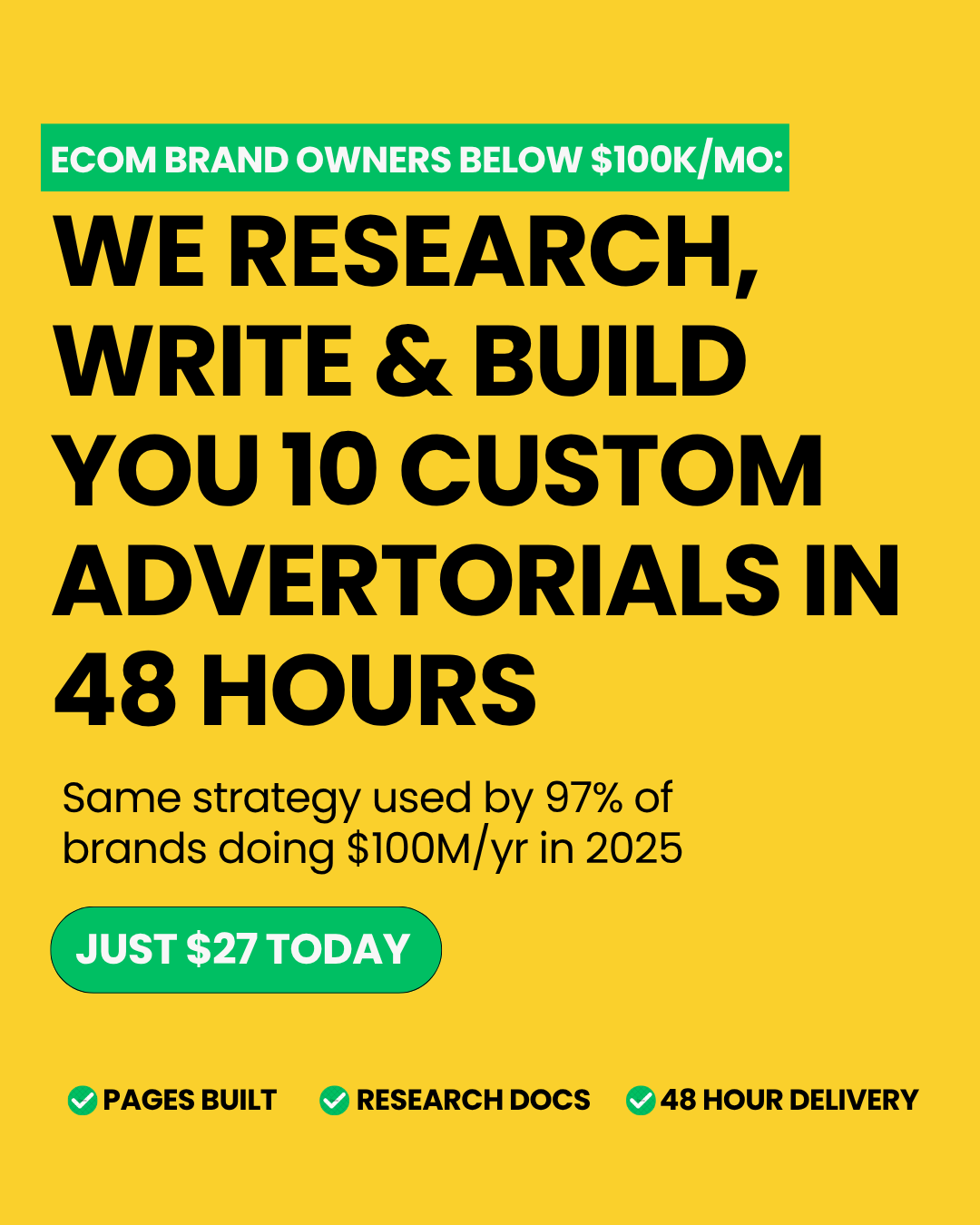 Page 2 &middot; Ecom Brands Below $100K/Month &mdash; yellow version, green button