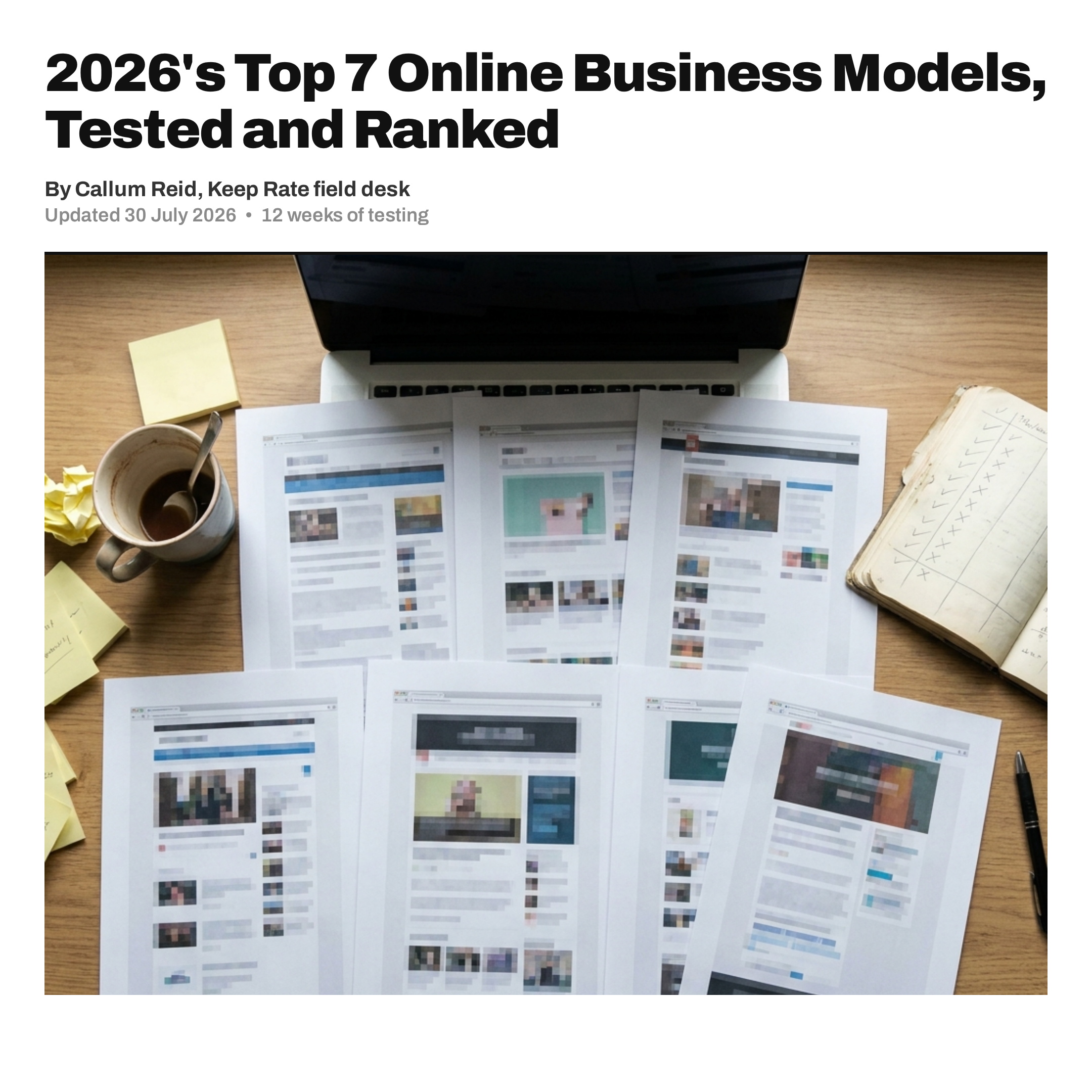 Desk Faux-Print · "2026's Top 7 Online Business Models, Tested and Ranked"